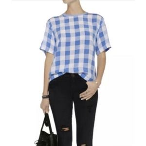 Equipment Logan Contrast-Collar Check Silk Top Tee in Hydrangea size XS